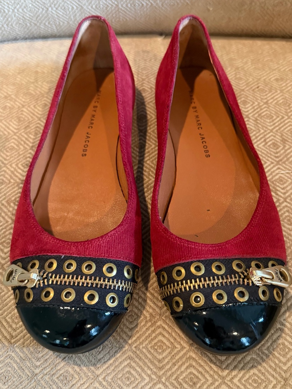 Marc Jacobs Pink Suede Flats with Black Patent Toe and Gold Accents